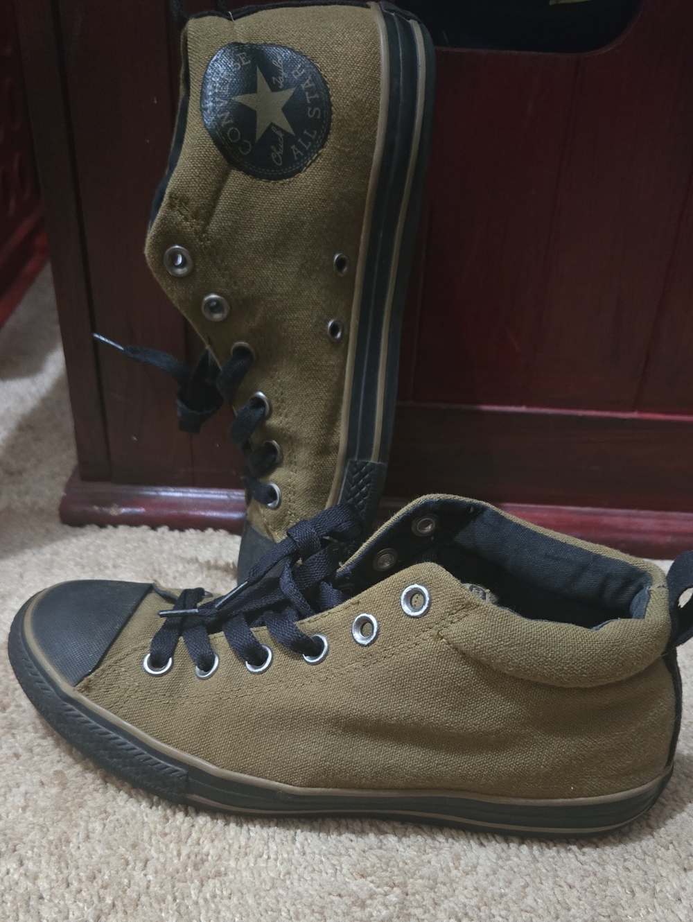Converse Olive Green High-Top Canvas Sneakers with Black Accents
